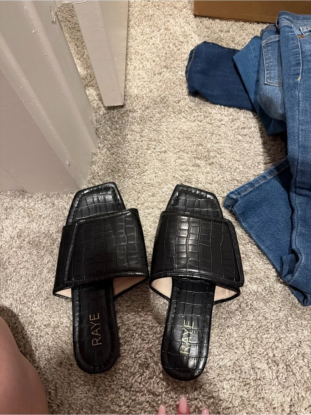 RAYE Black Croc-Embossed Square-Toe Slide Mules